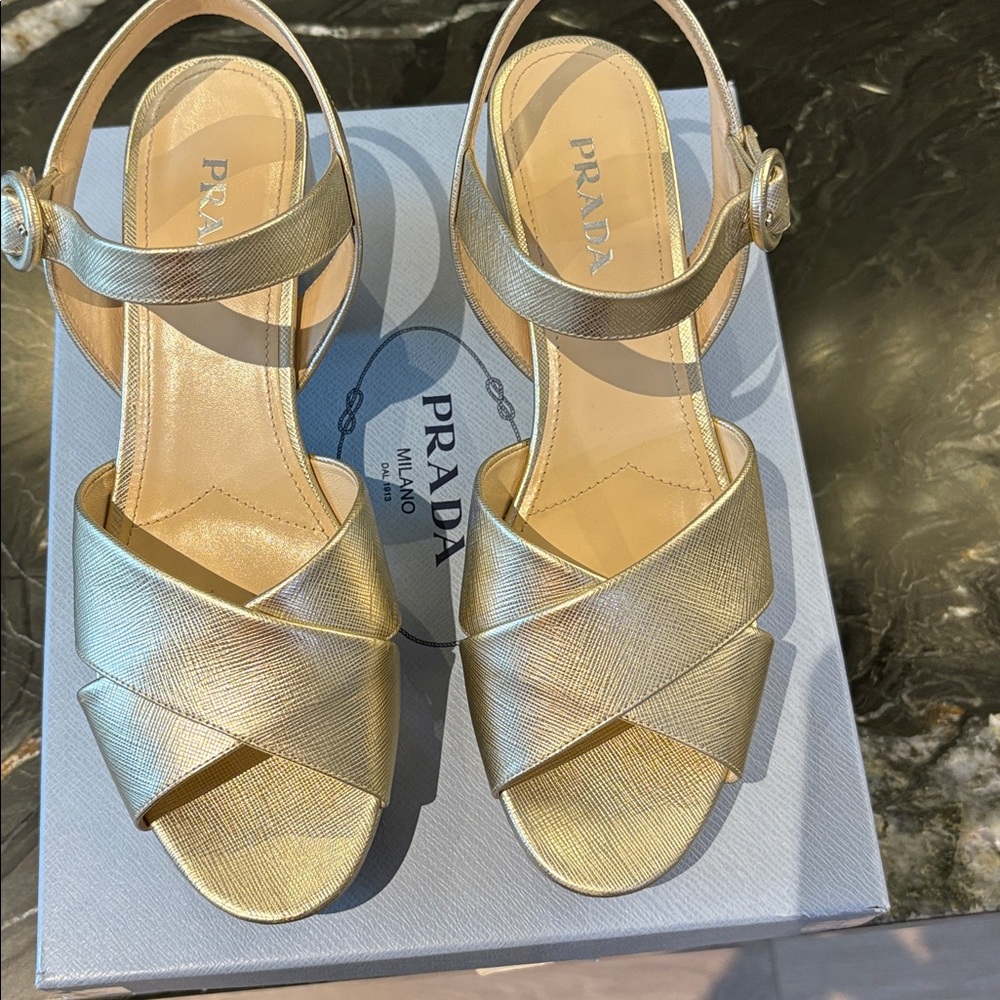 Prada Gold Cross-Strap Sandals